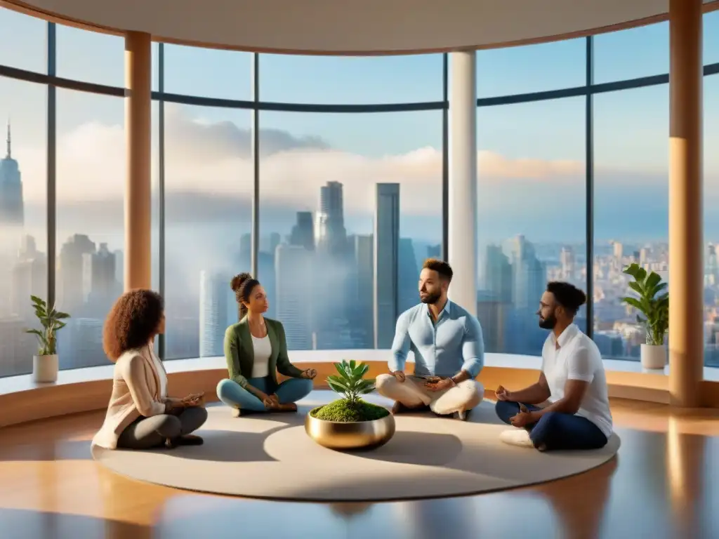 Profesionales en círculo practican mindfulness en oficina con vista a la ciudad