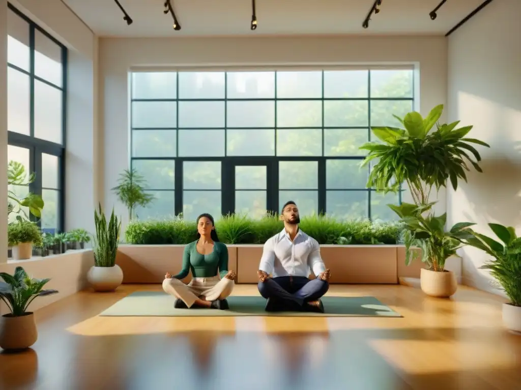 Profesionales practicando mindfulness en un espacio de oficina sereno y unido