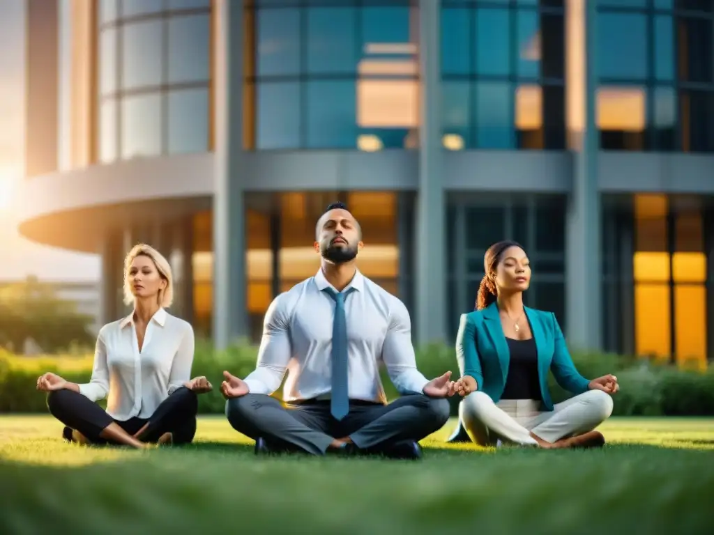 Profesionales practican mindfulness en el trabajo antiguo, en círculo ante edificio moderno al atardecer