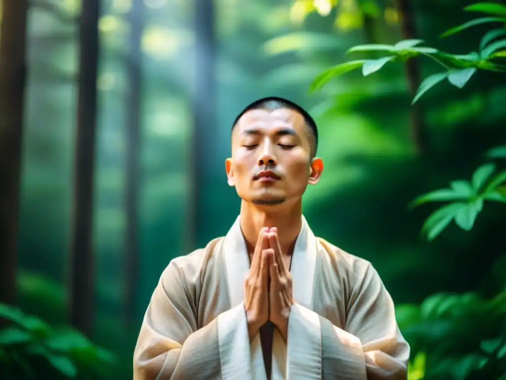 Meditación Taoísta para principiantes: Monje en meditación profunda en el bosque, rodeado de paz y naturaleza