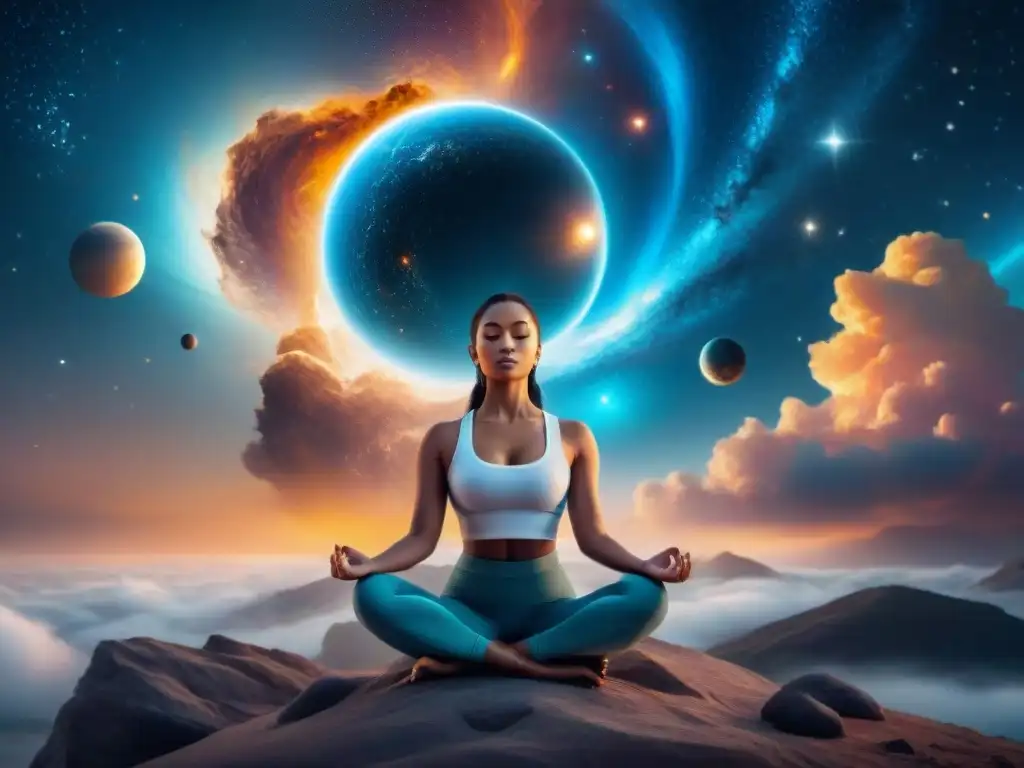 Meditación profunda en el cosmos: persona en postura de yoga, conectando espiritualmente con galaxias y estrellas