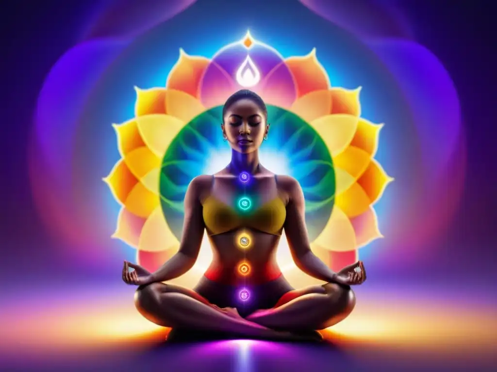 Meditación profunda: Figura humana rodeada por los siete chakras en vibrantes colores