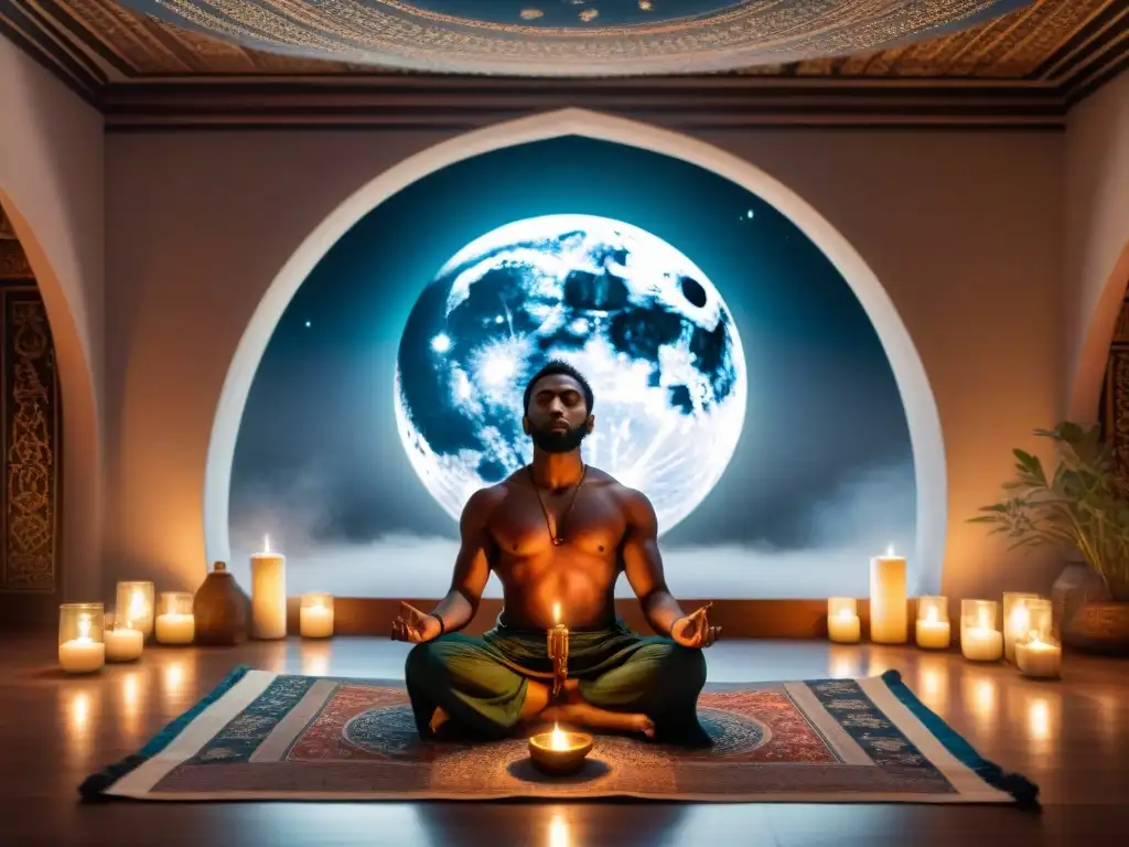 Meditación profunda en habitación iluminada por la luna llena, velas y símbolos sufíes, poder curativo meditaciones sufíes