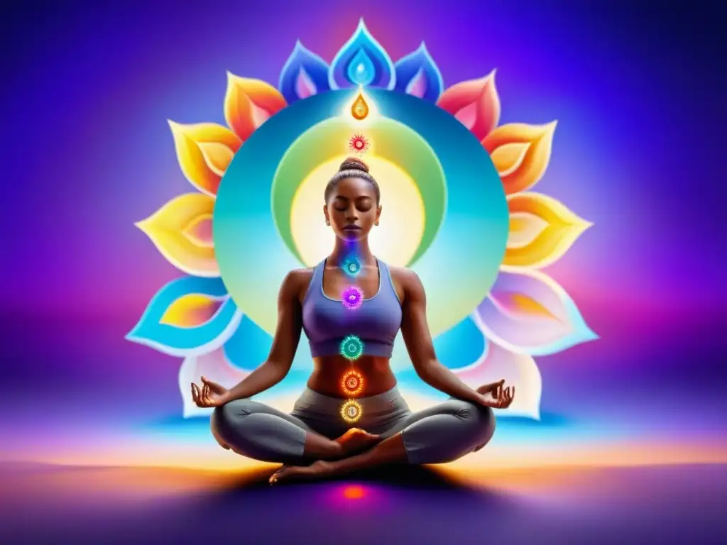 Meditación profunda, influencia de los chakras, armonía espiritual y equilibrio en imagen detallada