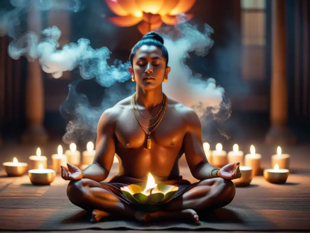 Un yogui en meditación profunda rodeado de velas y humo de incienso, expresando paz interior