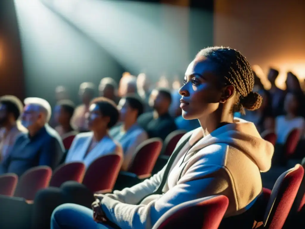 Público diverso cautivado por estrategias de contar historias en auditorio tenue