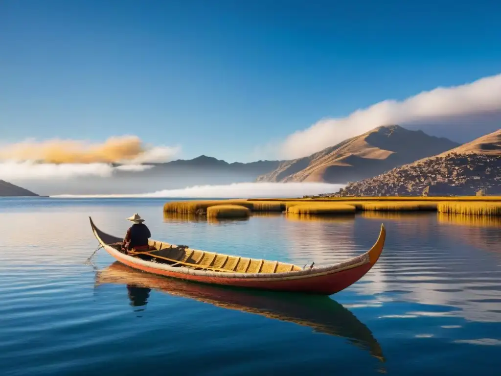 Puesta de sol sobre el Lago Titicaca, barco de totora y montañas nevadas, reflejos dorados en aguas tranquilas, leyendas incaicas