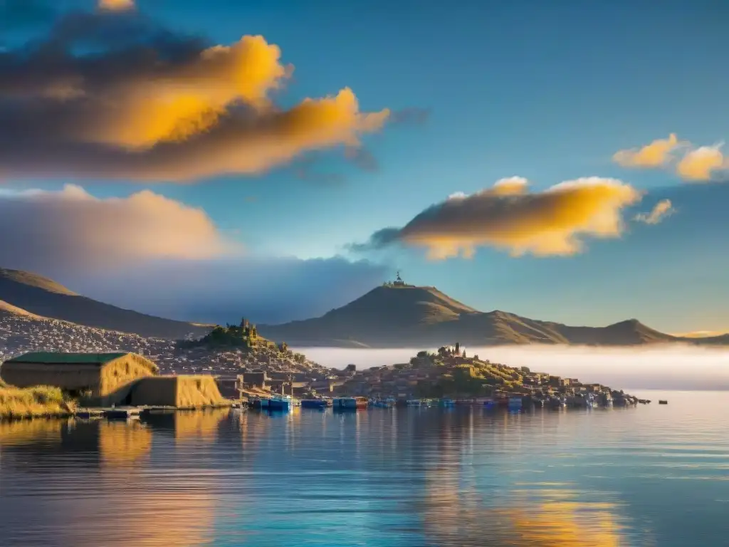 Puesta de sol sobre el Lago Titicaca, reflejando la luz en sus tranquilas aguas y las leyendas incaicas que lo rodean