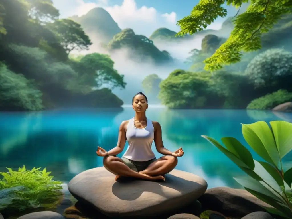 Puntos energéticos para bienestar: Persona meditando en un entorno natural sereno, rodeada de exuberante vegetación y aguas tranquilas