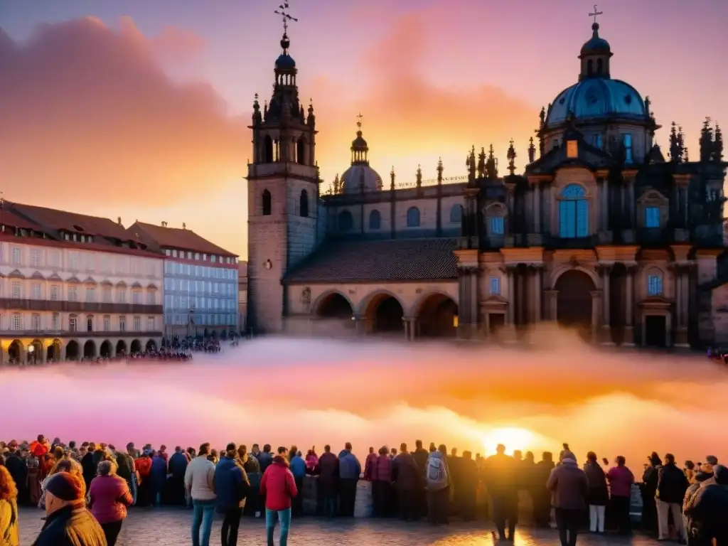 Radiante puesta de sol sobre la Catedral de Santiago de Compostela, iluminando la Praza do Obradoiro con peregrinos