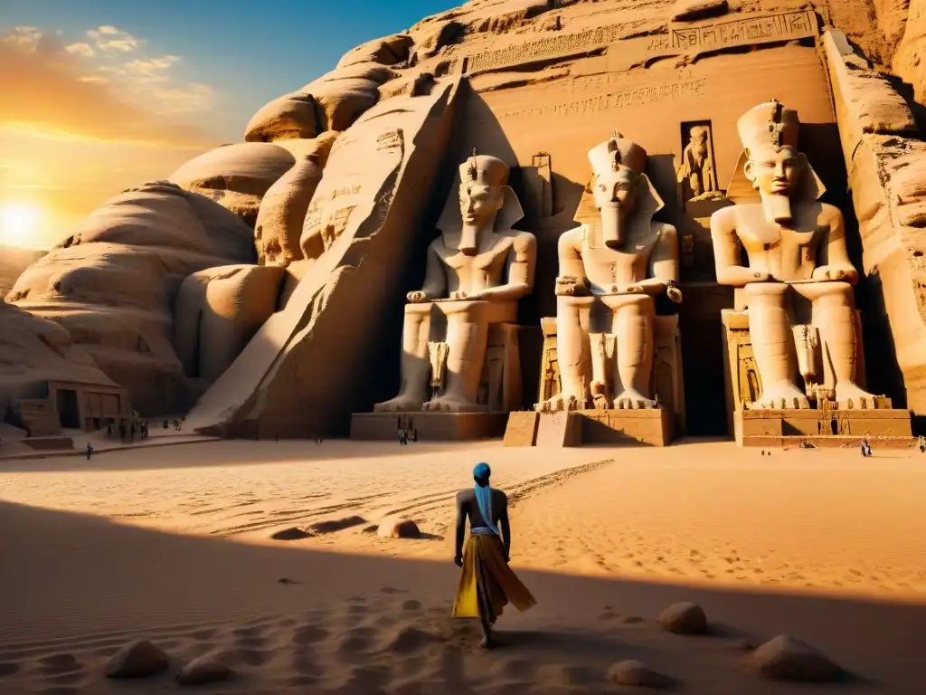 Ramsés II, el Gran Faraón de Egipto, de pie triunfante frente a los templos de Abu Simbel al amanecer