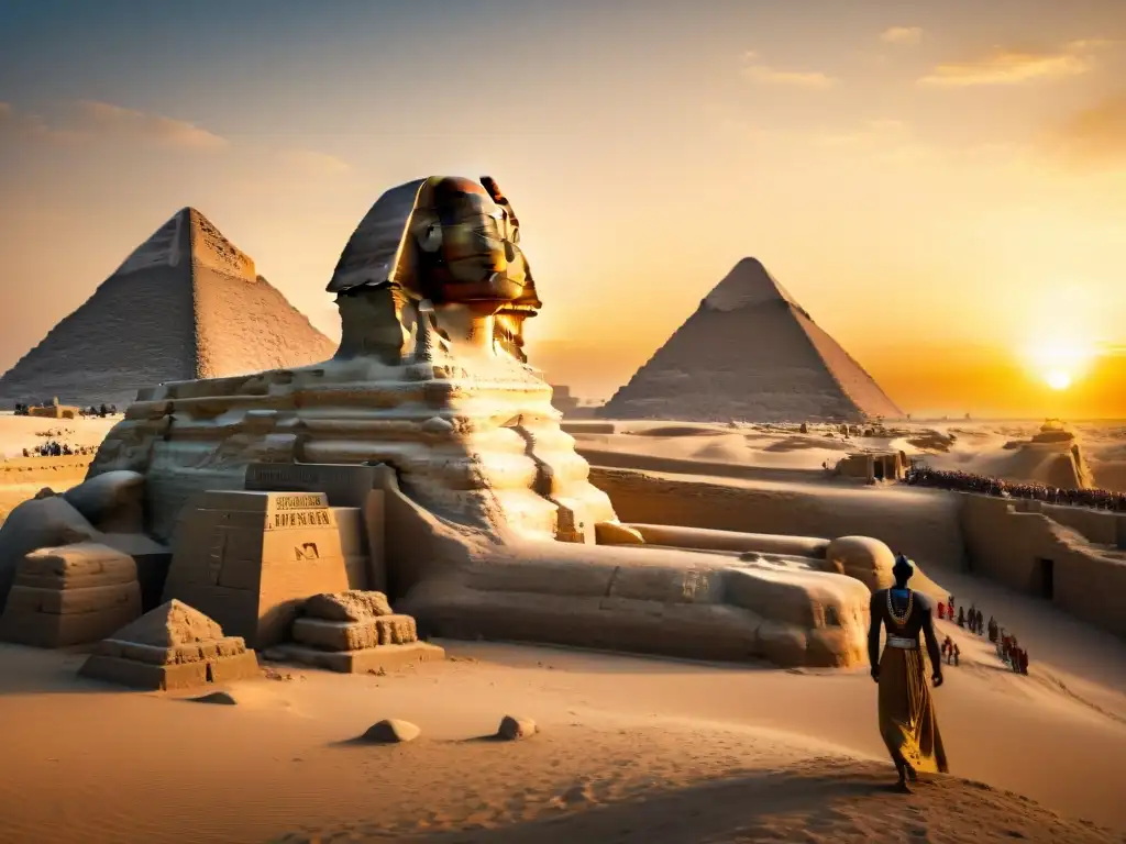 Ramsés el Grande en frente de la Gran Esfinge de Giza al atardecer, un símbolo de historia y legado egipcio