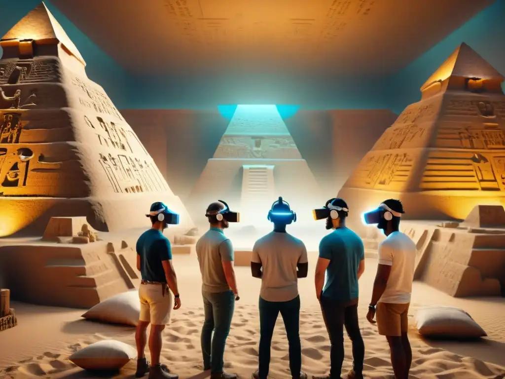 Explorando la realidad virtual en el antiguo Egipto: arqueólogos inmersos en la historia faraónica, rodeados de tecnología