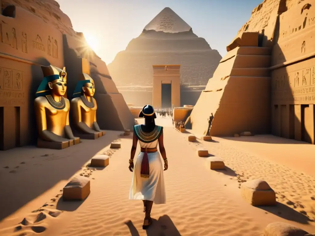 Realidad virtual en el antiguo Egipto: Explorando un bullicioso mercado en Tebas con un headset de VR que muestra una simulación realista y detallada