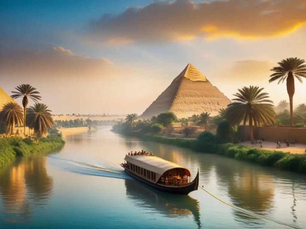 Realidad virtual en el antiguo Egipto: Una escena detallada muestra un barco faraónico en el río Nilo con las pirámides de Giza al fondo