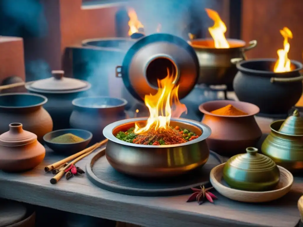 Recetas culinarias India Antigua: Cocina tradicional con ollas de barro, especias coloridas y chef preparando curry