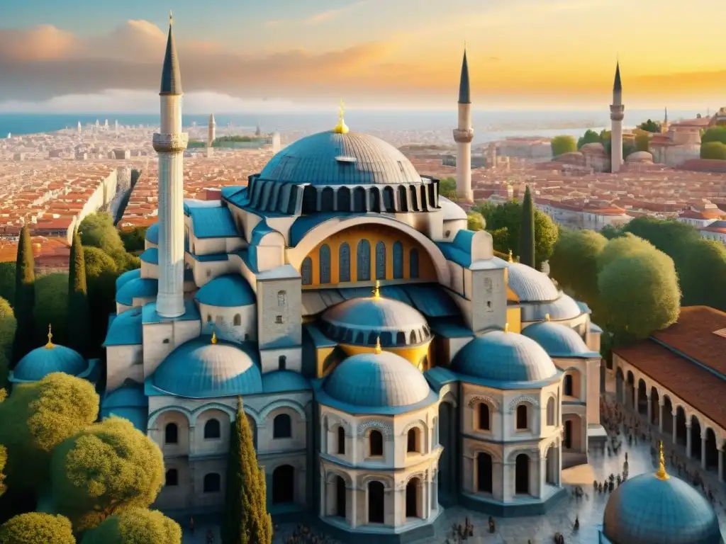Hagia Sophia en 8k: Esplendor bizantino Reconstrucción detallada en 8k de Hagia Sophia durante el Imperio Bizantino en Constantinopla, con arquitectura impresionante y vida vibrante