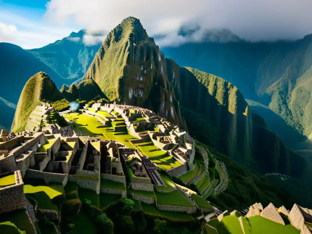 Una reconstrucción virtual impresionante de Machu Picchu cambiando, destacando cada detalle de las antiguas estructuras de piedra y terrazas