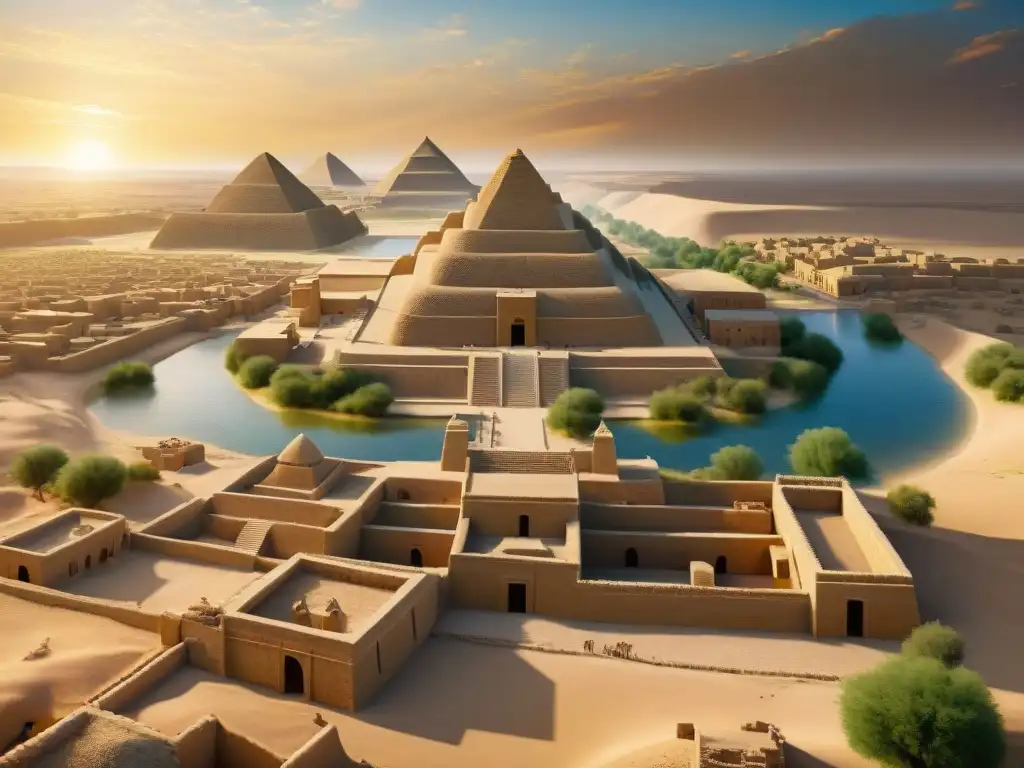 Reconstrucciones digitales de Sumeria: Escena detallada de la antigua ciudad de Eridu, con ziggurats, templos y vida cotidiana sumeria