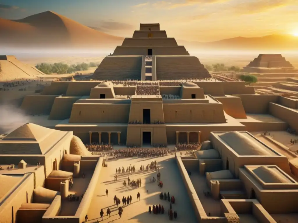 Reconstrucciones digitales de Sumeria: Ziggurat de Ur en una vibrante puesta de sol con detalles históricos