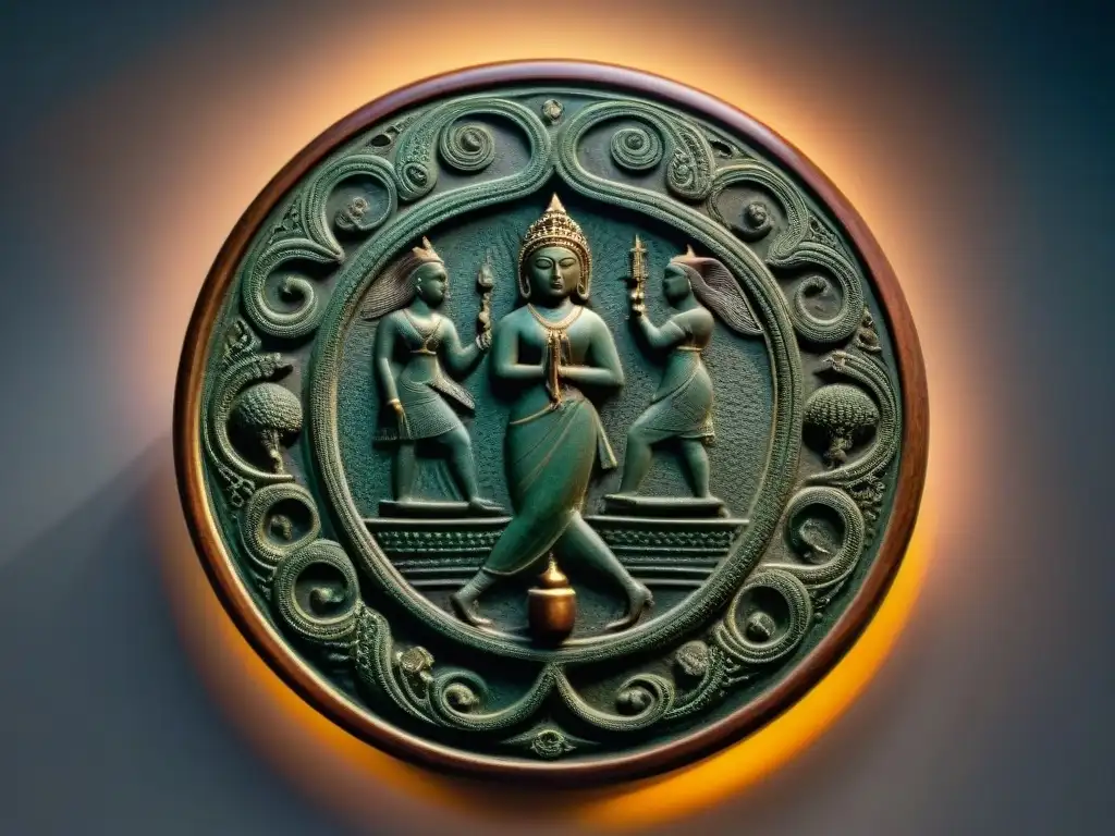 Reflejo misterioso de rituales de adivinación etruscos en un espejo de bronce detalladamente tallado