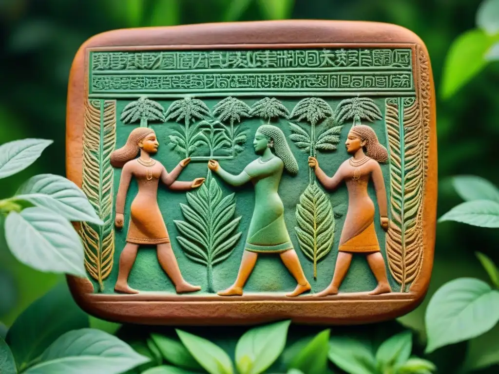 Tableta de arcilla antigua: ritual de aromaterapia en jardín exuberante Relieve de arcilla de civilización antigua mostrando ritual de aromaterapia en jardín exuberante
