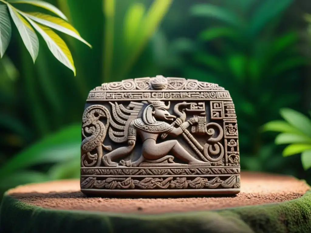 Relieve detallado del dios maya Kukulkán en la selva, con motivos de serpiente emplumada y glifos, bajo luz filtrada