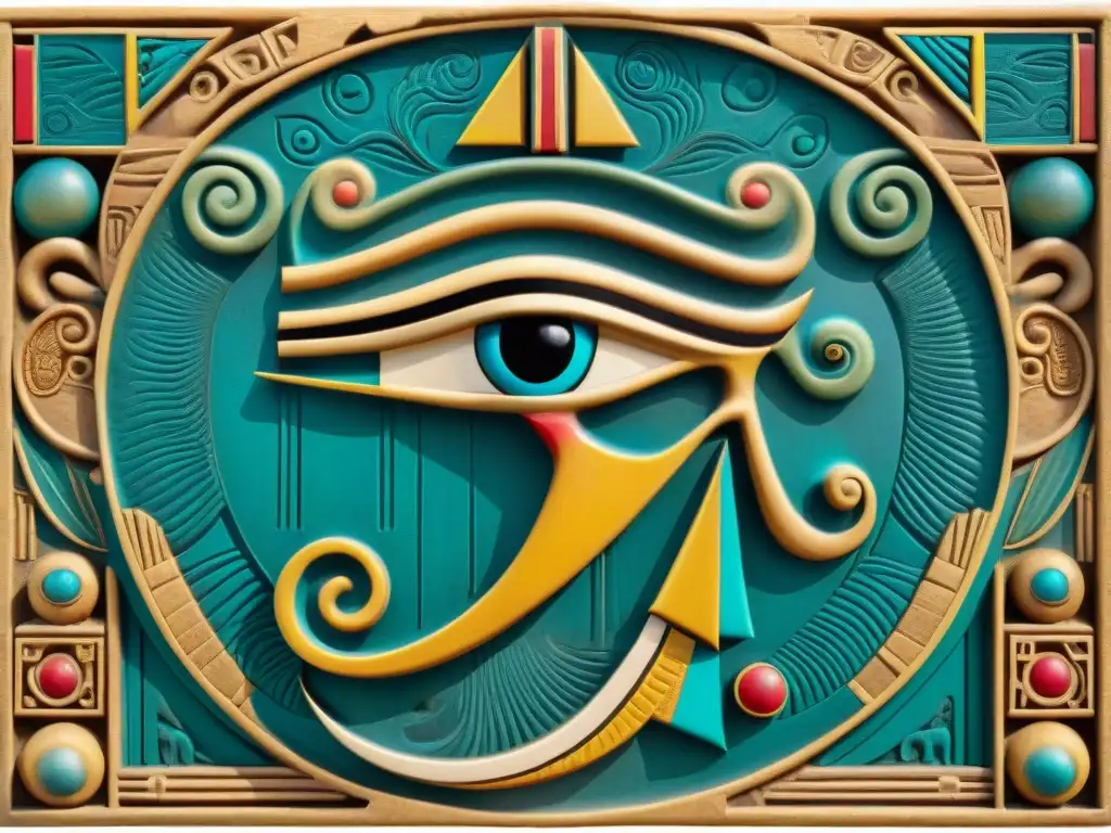 Un relieve detallado del Ojo de Horus, con RaHorakhty y el disco solar, simbolizando protección y poder