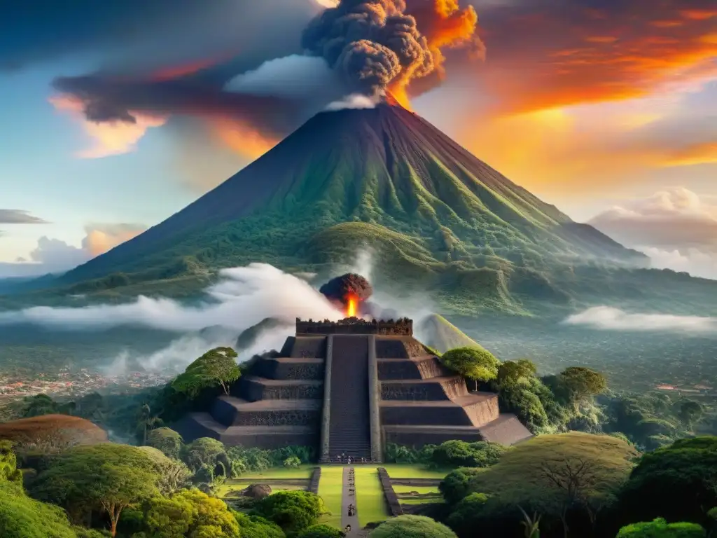 Relieve mesoamericano detallado con un poderoso volcán y deidades, fusionando volcanes y mitología mesoamericana