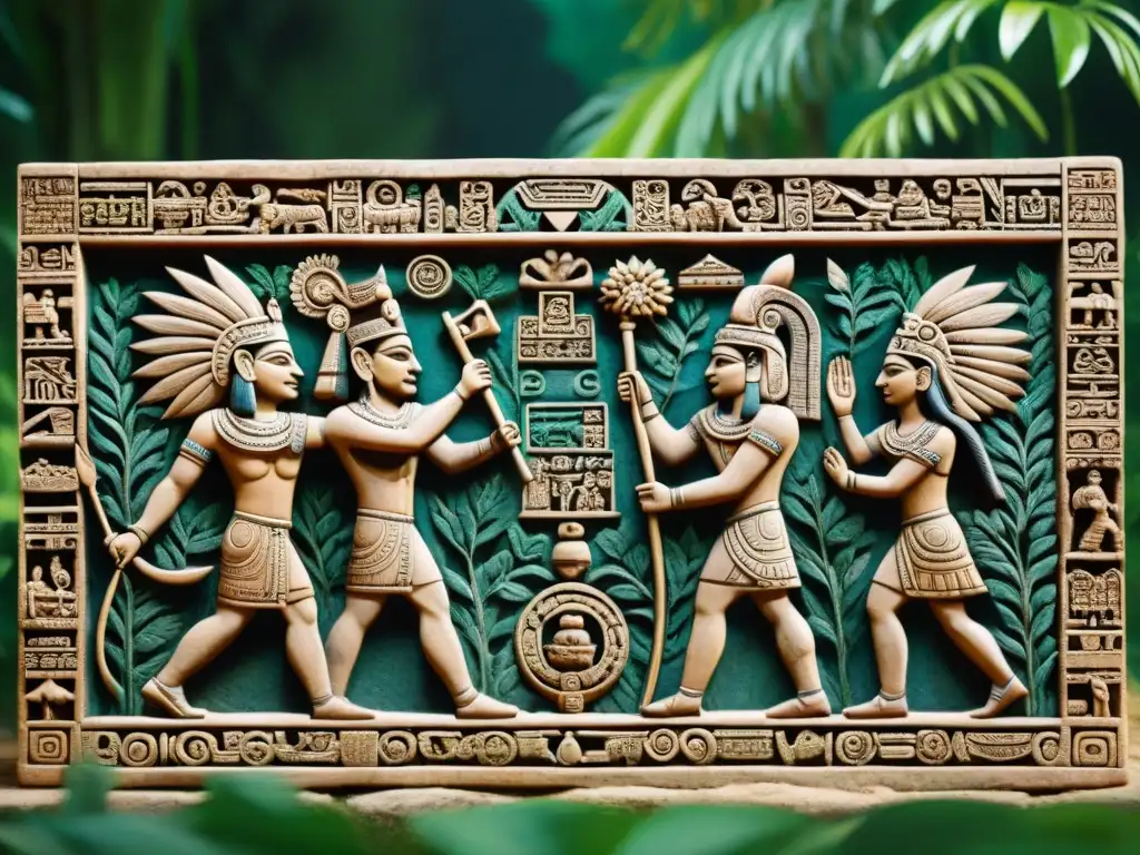 Relieve de piedra maya con la Creación del mundo según Mayas, Hunahpu y Xbalanque jugando contra los Señores de Xibalba en la selva misteriosa