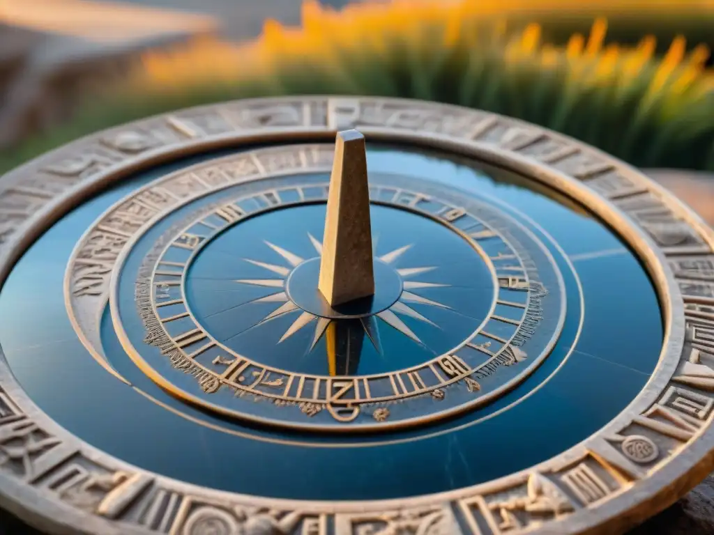 Reloj solar antiguo en mármol, símbolos celestiales y ruinas Reloj solar antiguo de mármol con detalles celestiales y marcadores de tiempo, en un patio soleado rodeado de ruinas