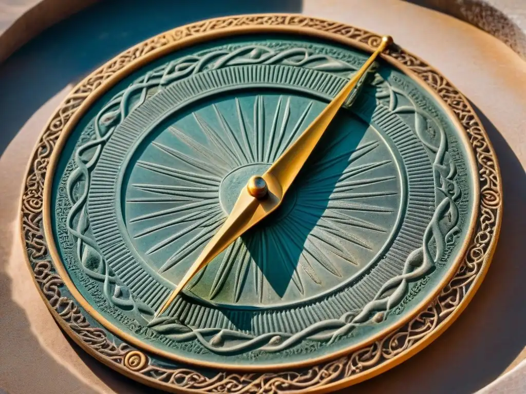 Reluciente calendario persa con intrincados detalles y sombras cambiantes bajo el sol, destacando su artesanía y funcionalidad