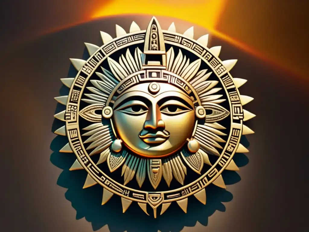 Reluciente disco solar azteca de oro con grabados detallados de deidades, bajo luz tenue