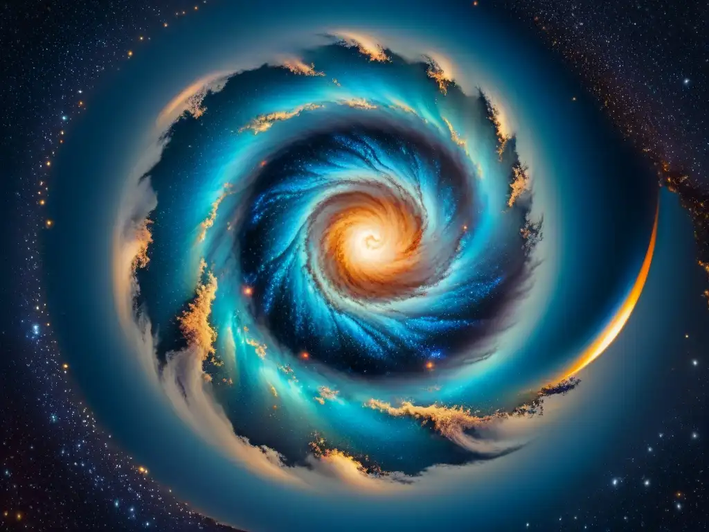Un remolino de colores vibrantes en una galaxia detallada, evocando la conexión cósmica astrología cuántica