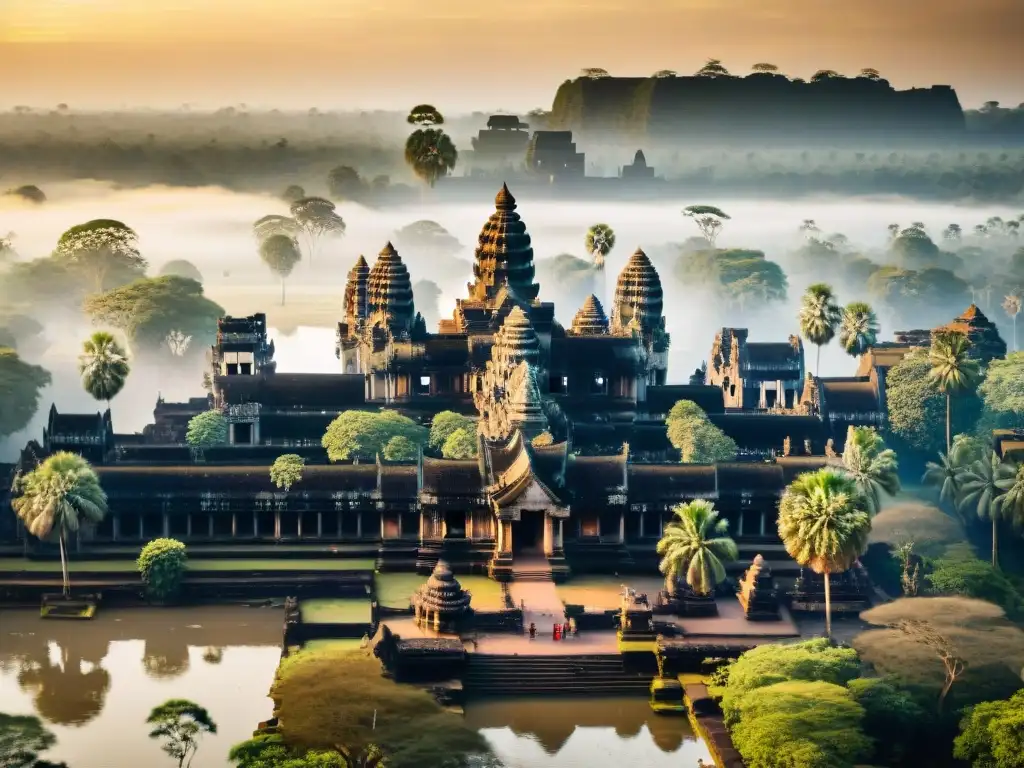 Explora el renacimiento de Angkor Wat al amanecer, revelando sus detalles en la suave luz dorada