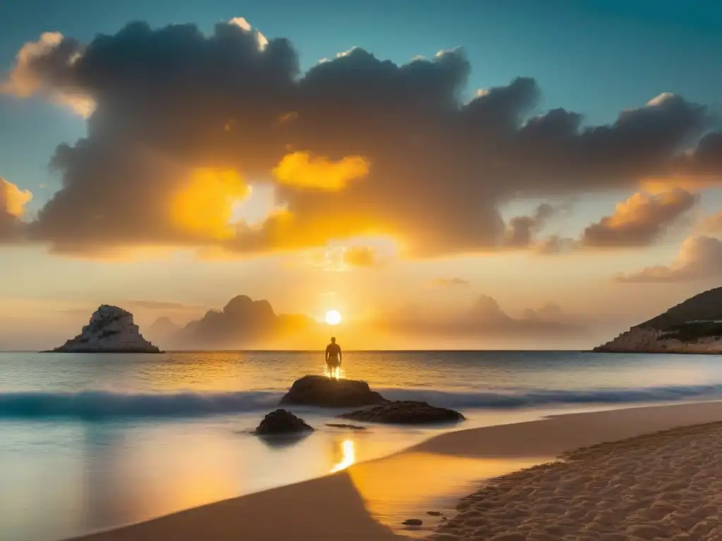 Renacimiento espiritual en las playas de Ibiza: Grupo meditando al atardecer, conectando con la belleza natural de la isla