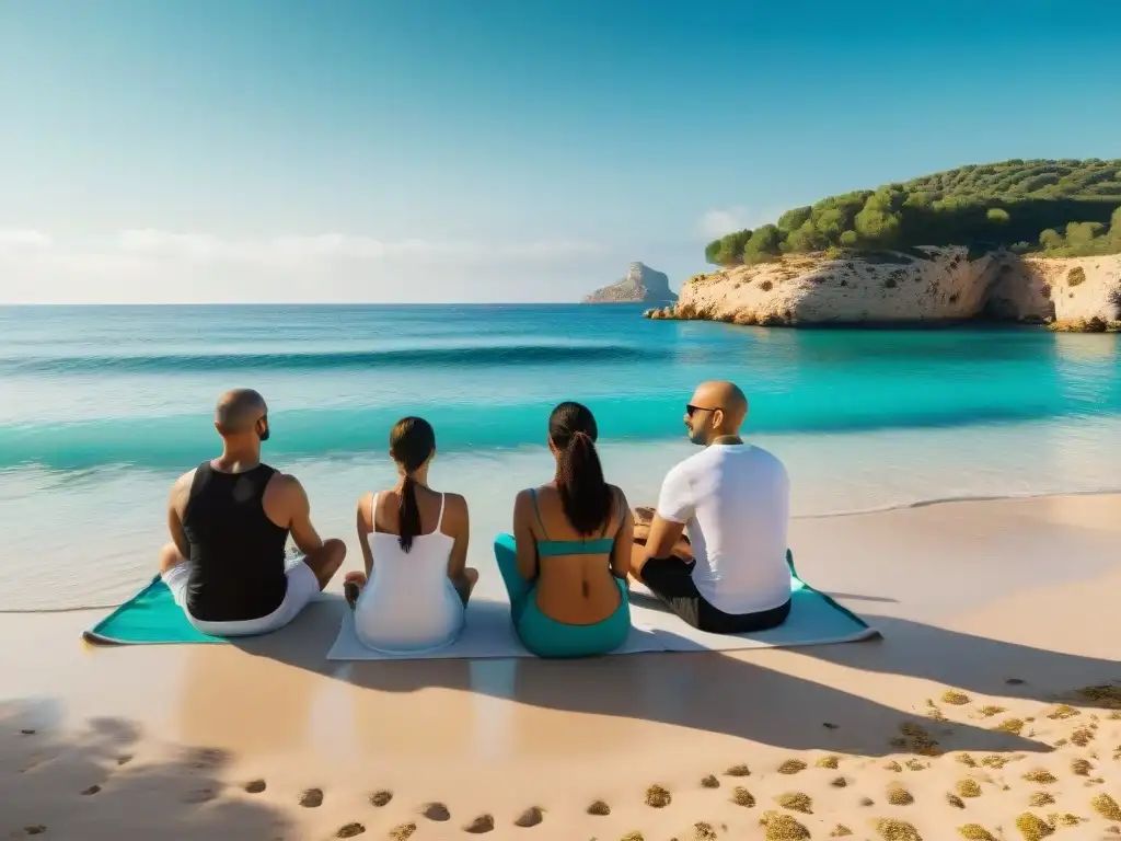 Renacimiento espiritual en las playas misteriosas de Ibiza: grupo variado medita en la arena, con el mar turquesa bajo el sol