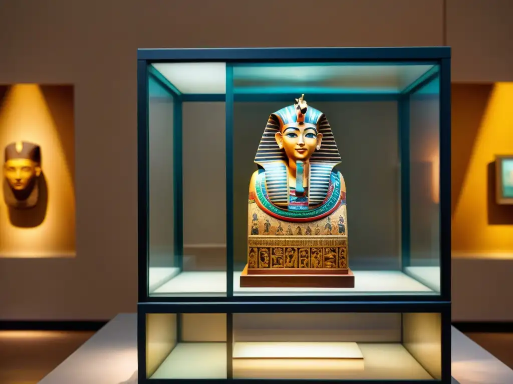 Una réplica detallada de un sarcófago egipcio en una exposición de museo sobre civilizaciones antiguas