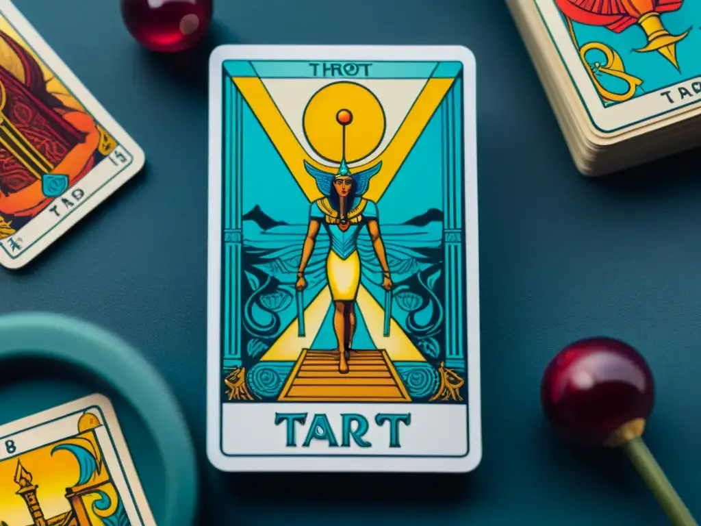 Una representación detallada del Tarot de Thoth, con arte e iconografía egipcia, transmitiendo la magia y misticismo del libro de Thoth