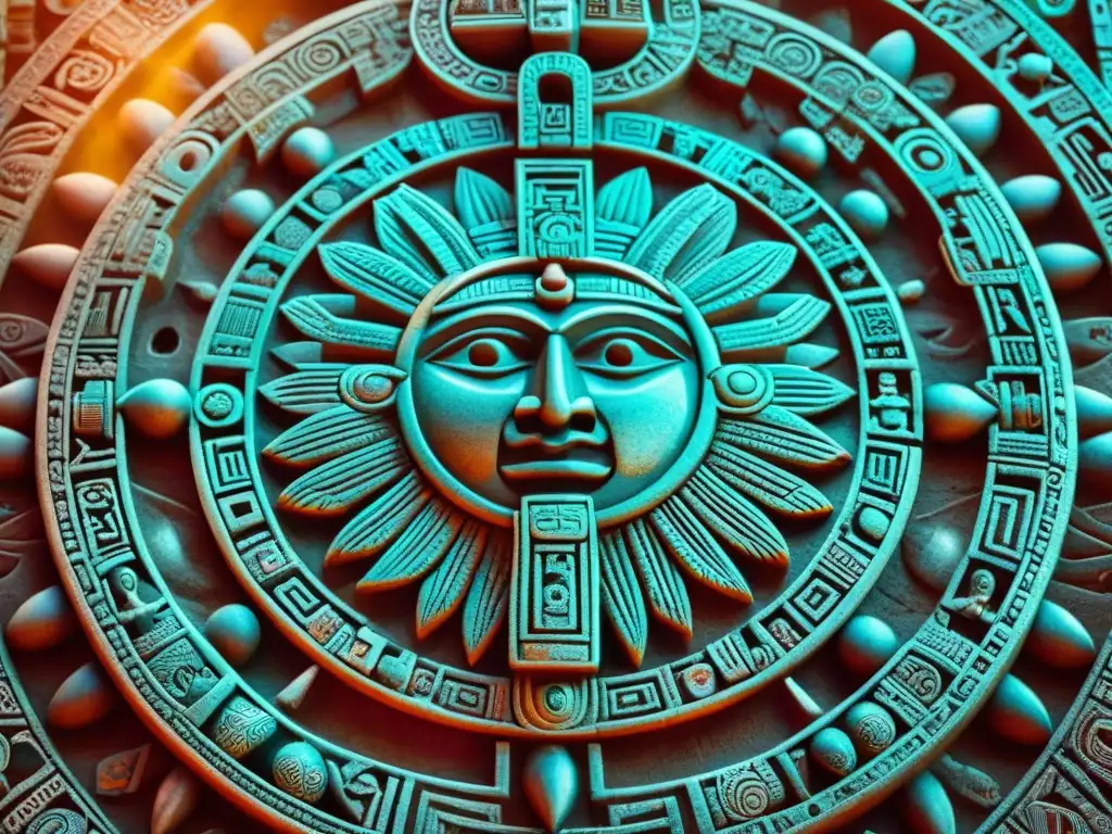 Una representación detallada del Calendario Azteca, con el dios del sol Tonatiuh en el centro y símbolos que representan su significado completo