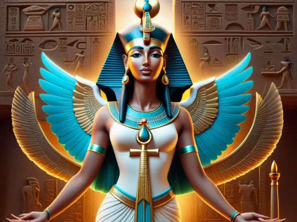 Una representación detallada de la diosa Isis de la mitología egipcia, con alas desplegadas, sosteniendo un cetro y un ankh