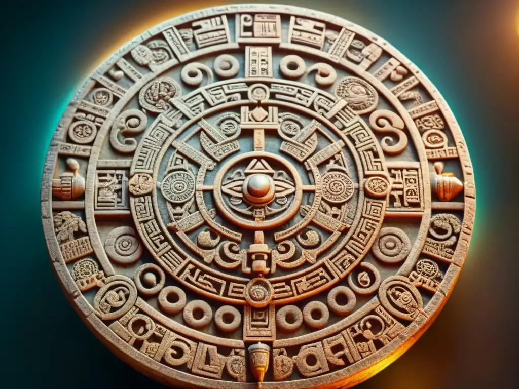 Una representación detallada y enigmática del calendario maya esculpido en piedra, mostrando símbolos e intrincados glifos