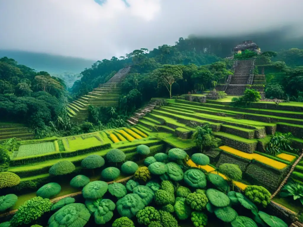 Una representación detallada de un sitio arqueológico maya con técnicas agrícolas avanzadas en la exuberante jungla