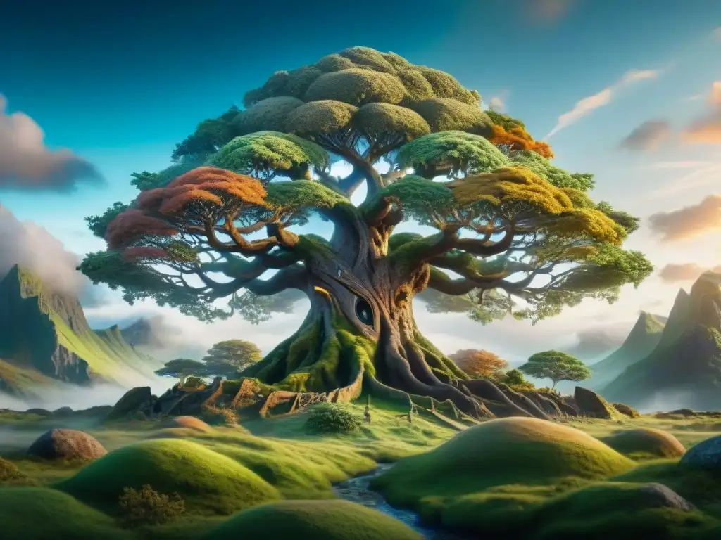 Una representación detallada del Yggdrasil, el Árbol del Mundo en la mitología nórdica, simbolizando el Significado Árbol de la Vida