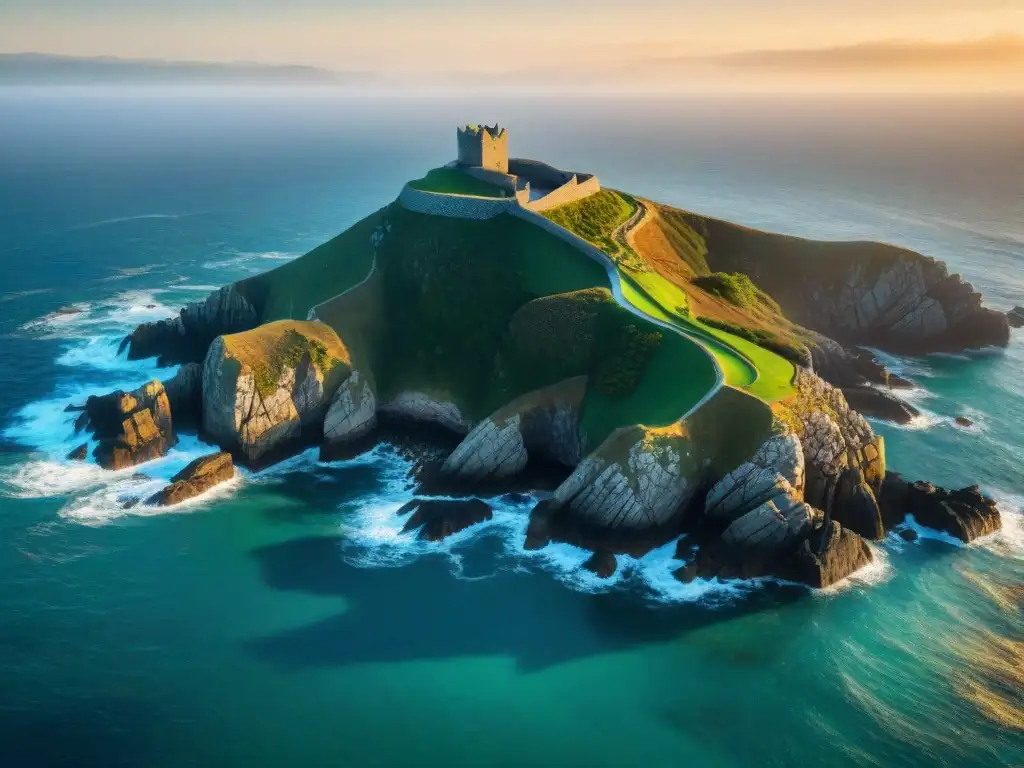 Restauración de castros celtas en Galicia: Vista aérea impresionante del antiguo castro de Baroña, con sus ruinas celtas y verde paisaje gallego