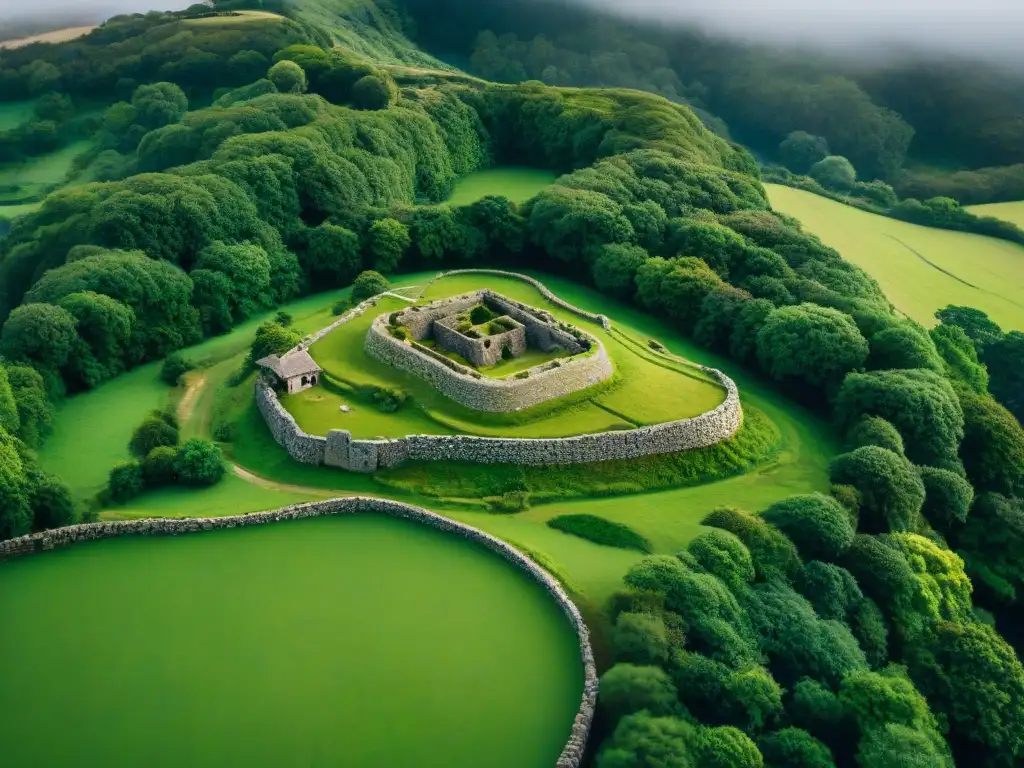 Restauración de castros celtas en Galicia: Intrincado diseño de un castro celta en medio de exuberante vegetación