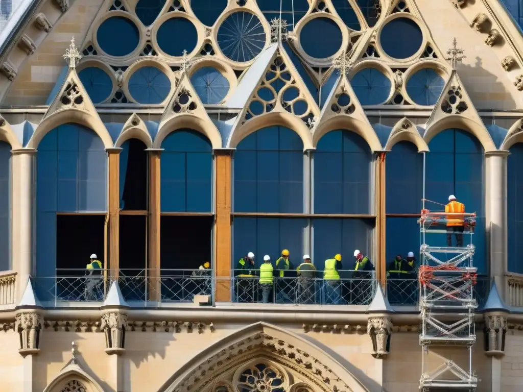 Restauración de la Catedral Notre Dame: Arduo trabajo de restauración en la icónica fachada de la catedral, destilando esperanza y unidad