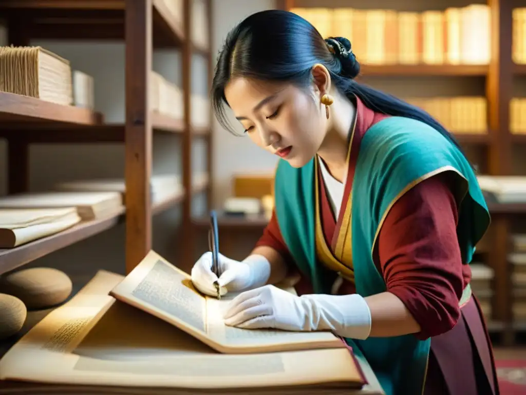 Restauración de manuscritos sagrados tibetanos: conservador restaurando con delicadeza un antiguo manuscrito