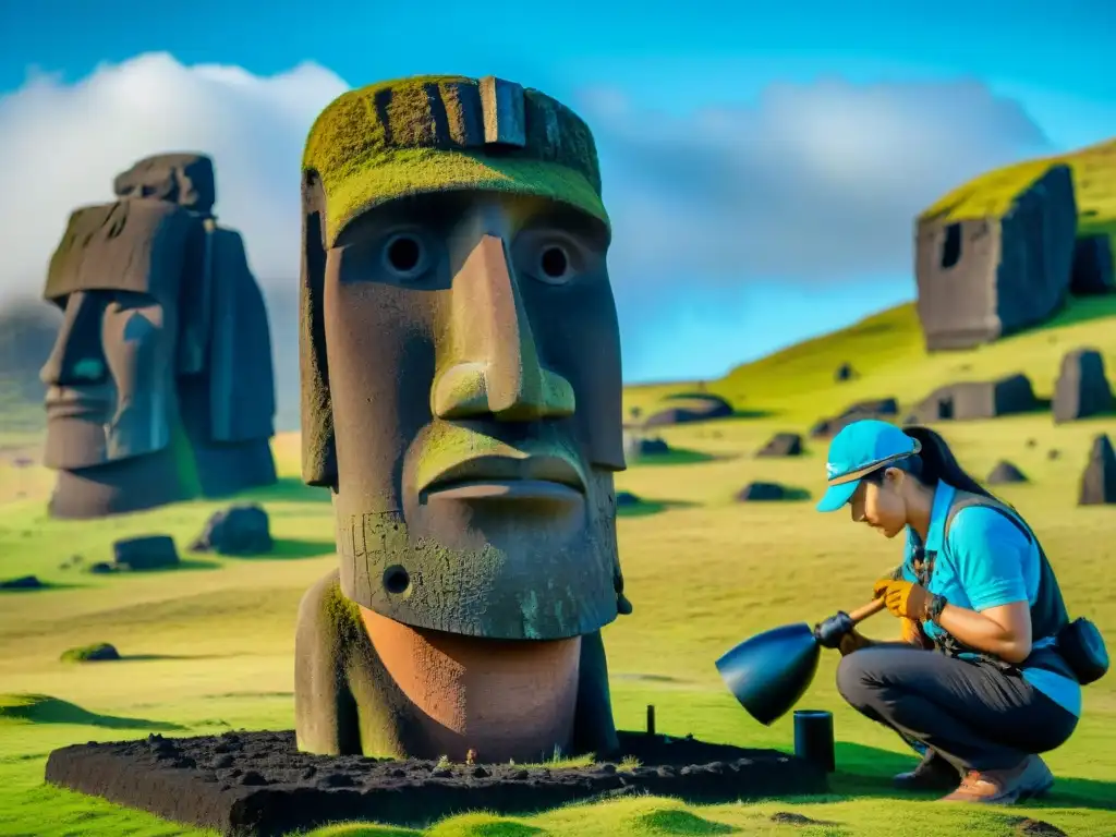 Restauración de misteriosas estatuas Moai en Isla Pascua, bajo cielo azul, evocando solemnidad e historia