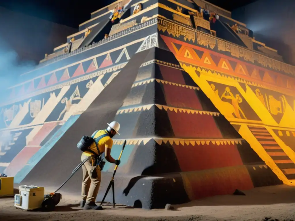 Restauración de Teotihuacán Misterios: Arqueólogos restaurando murales antiguos en una pirámide, con colores vibrantes y diseños intrincados